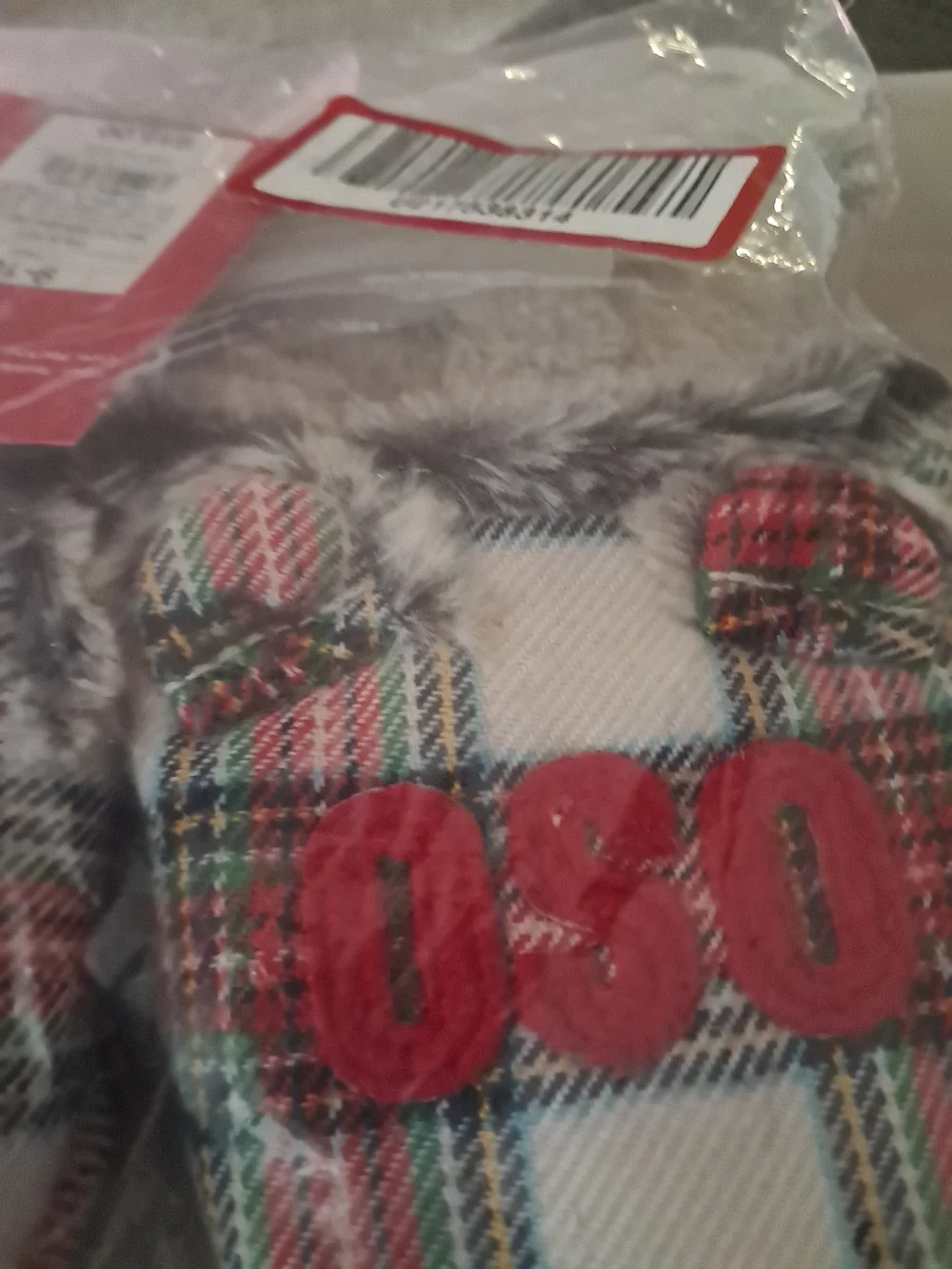 SO Plaid Fur-Trim Indoor Slippers with Red Embroidery
